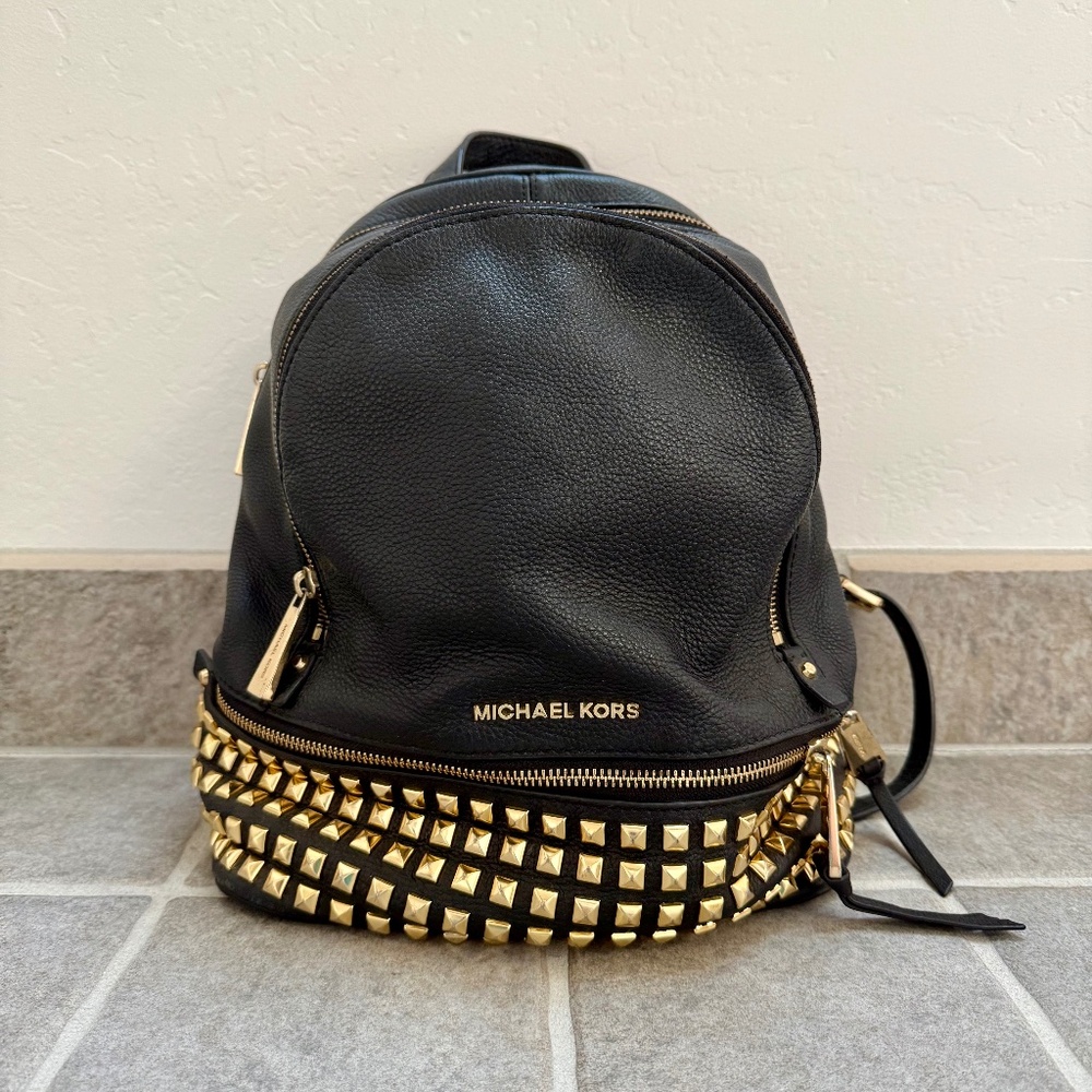 Michael Kors Gold Studded, Black Leather Backpack
